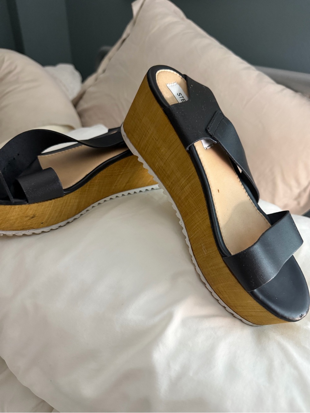 Steve Madden Black Platform Wedge Sandals with Wood-Look Sole